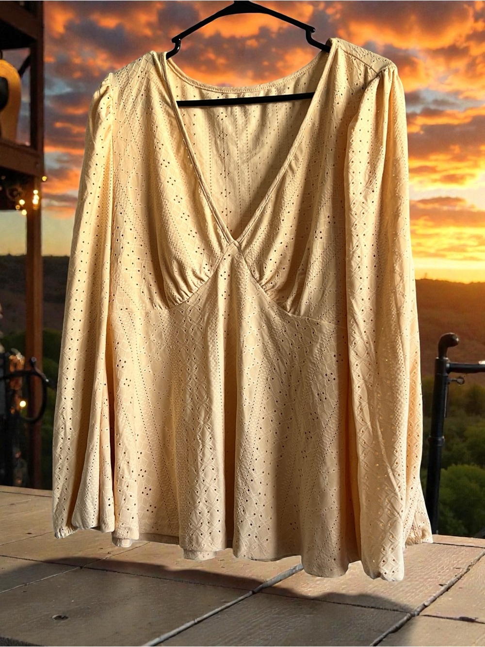 SHEIN Yellow Eyelet Long Sleeve V-Neck Blouse